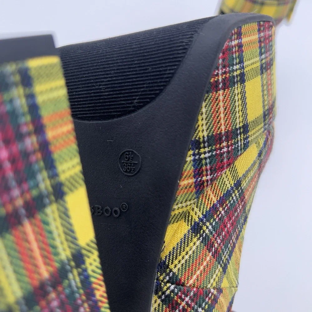 Bamboo Yellow Plaid Platform Mary Jane Round Toe Buckle Strap Heels Women's 6.5